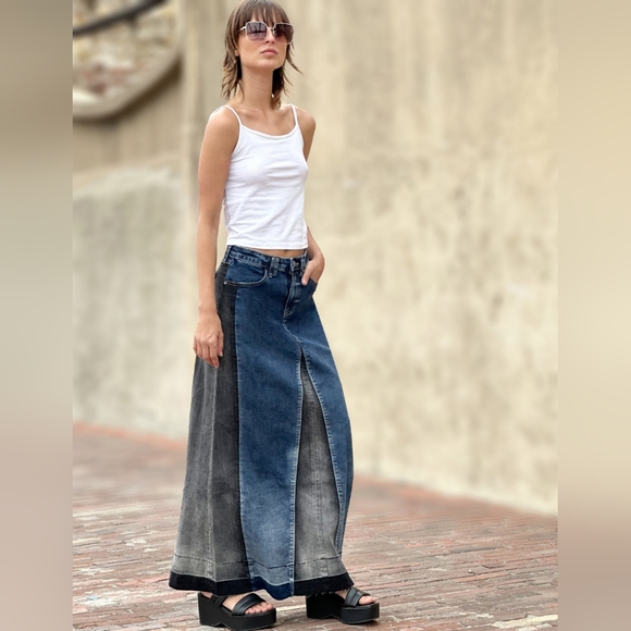 Wash Lab Denim Mixed Denim Maxi Skirt - Picture 4 of 14